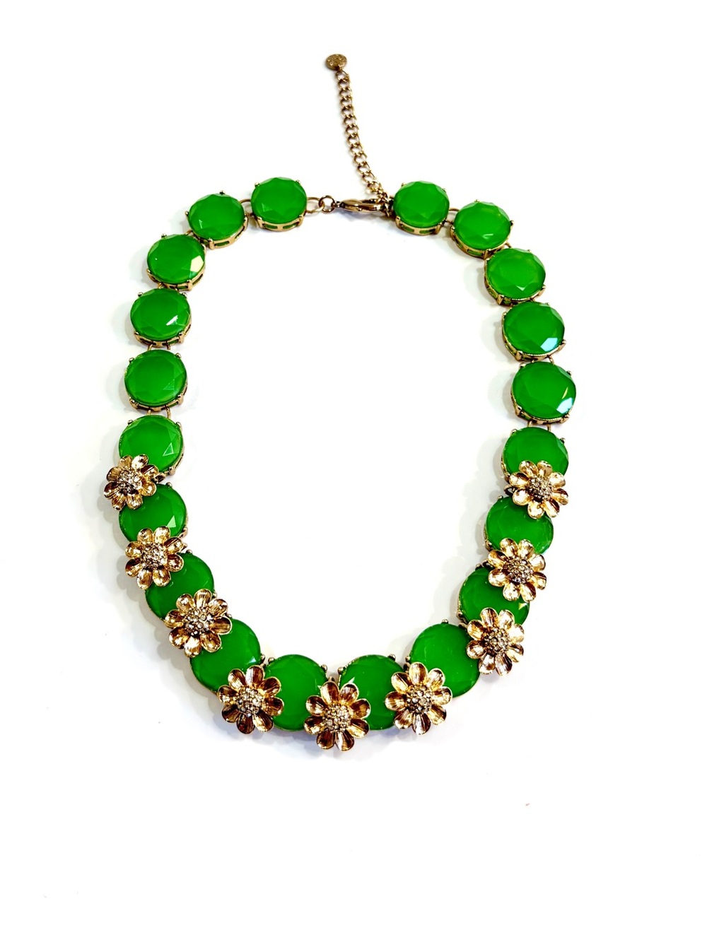 TALBOTS | Kelly Green Stone w Gold Flower Accents Statement Necklace | NWOT